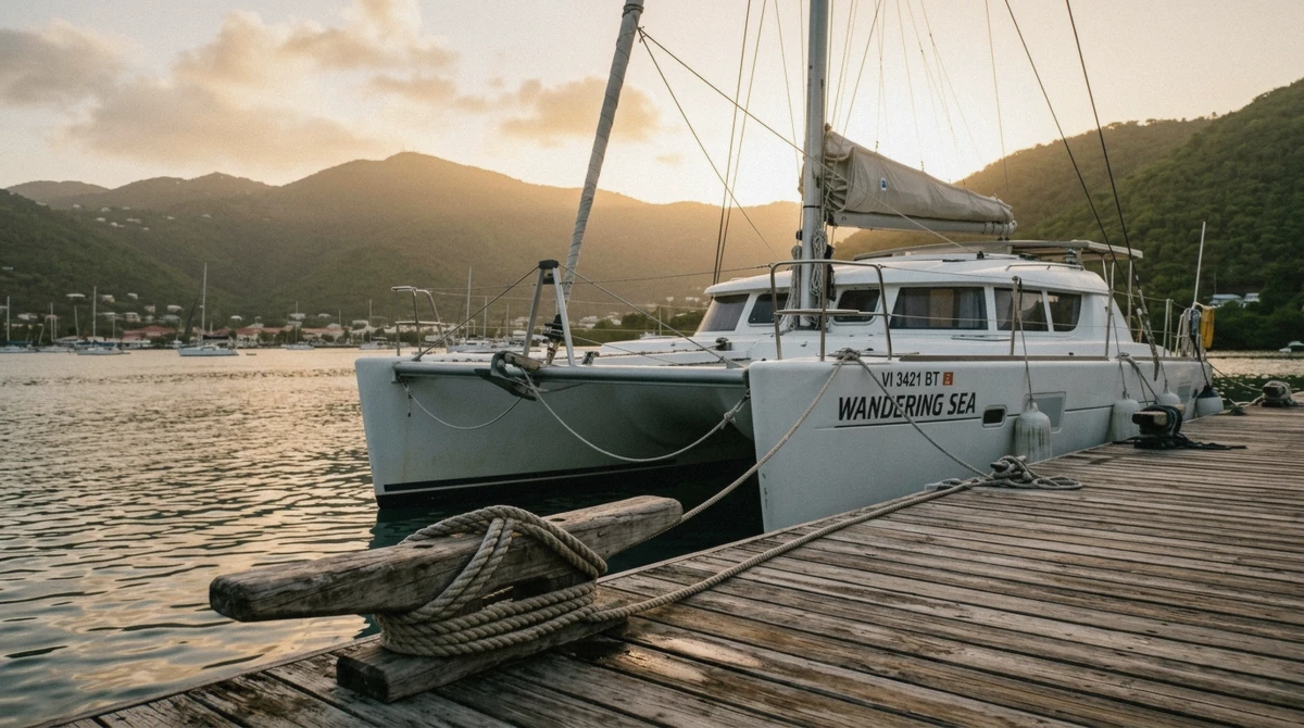 A catamaran docked at a St. Thomas marina in warm golden-hour light before a sunset cruise in St. Thomas