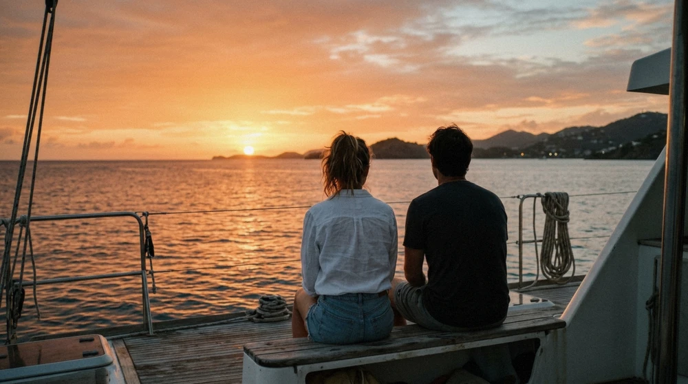 Travelers relaxing on the deck of a catamaran watching the orange sky on a sunset cruise in St. Thomas USVI