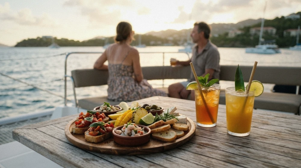 Travelers relaxing with cocktails on the deck of a catamaran during a St. Thomas sunset cruise as the sky turns orange