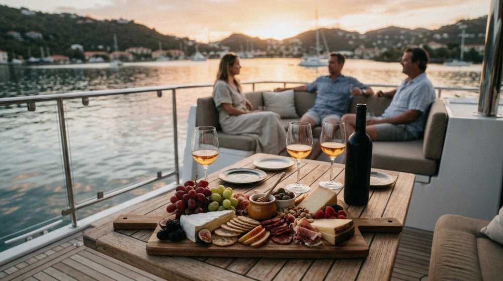 Small group toasting with champagne on a luxury catamaran during an intimate semi-private sunset cruise in St. Thomas