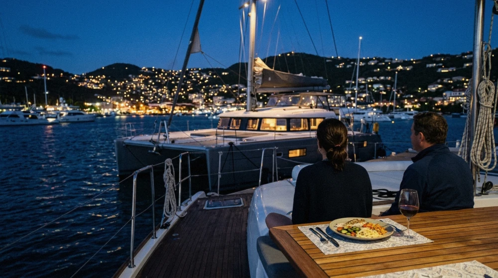 Catamaran dinner sail passing the lit-up Charlotte Amalie harbor at dusk on a St. Thomas sunset and harbor lights cruise
